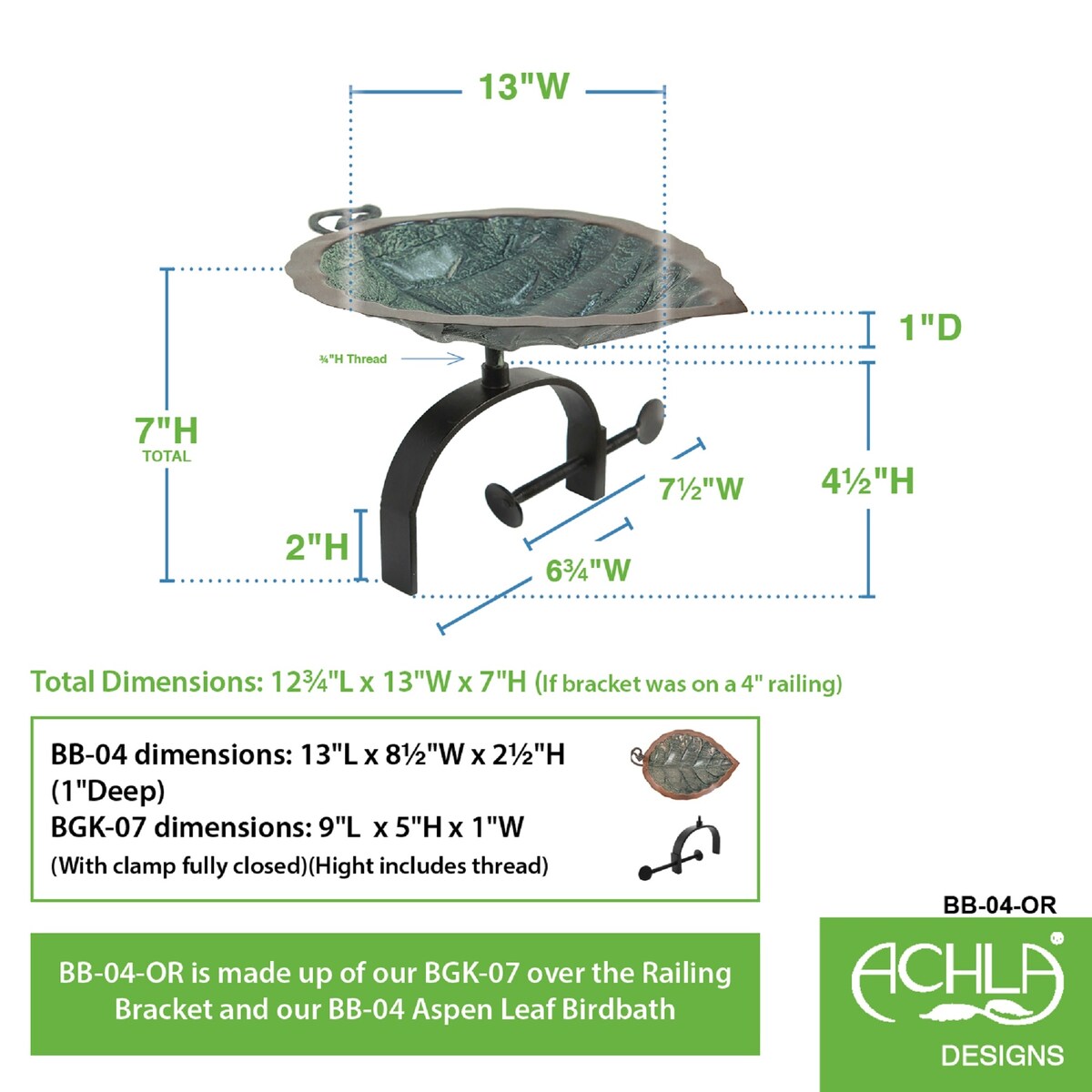 Achla Designs Aspen Leaf Birdbath w/ Over Rail Bracket, 17 Inch Tall, Antique Brass Plated