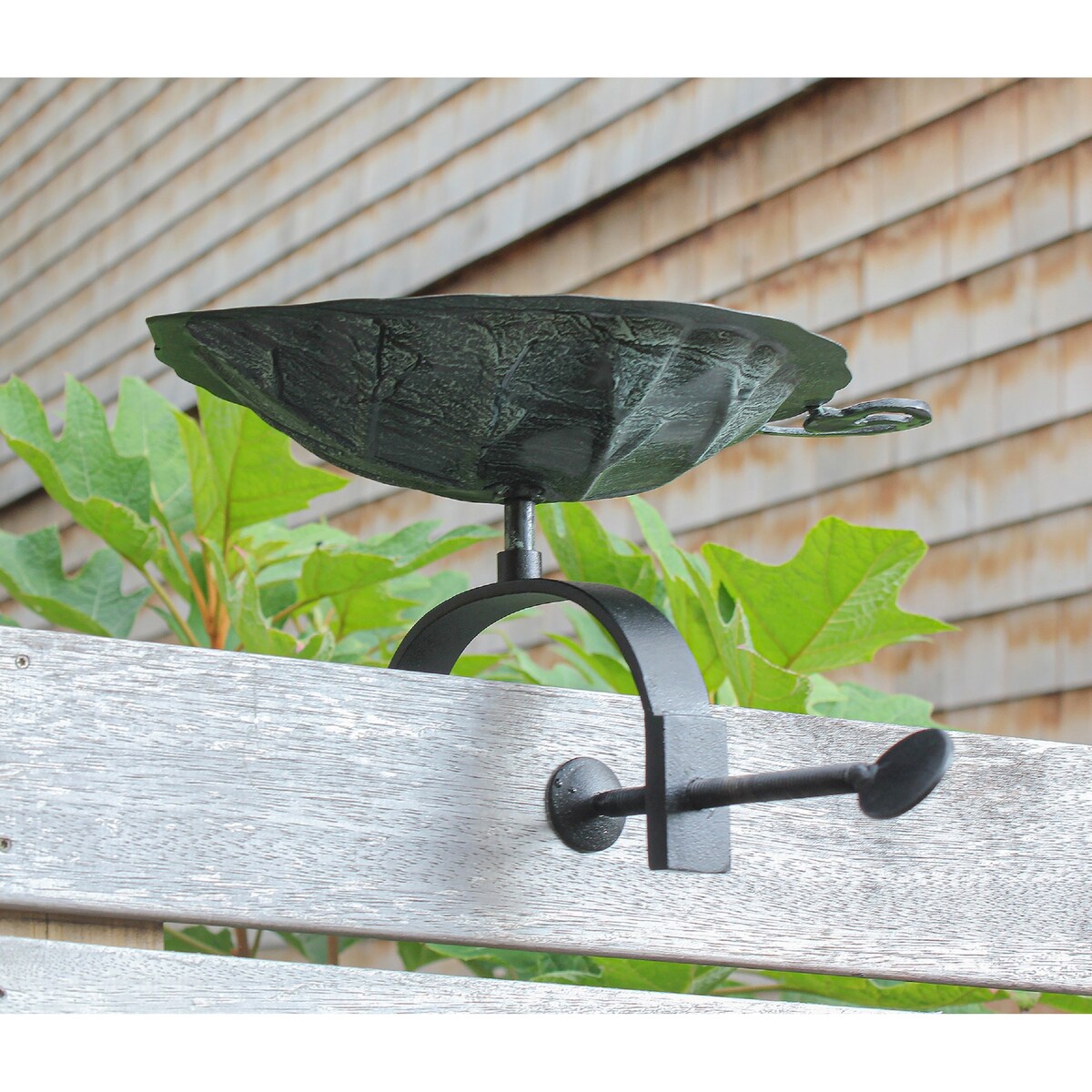 Achla Designs Aspen Leaf Birdbath w/ Over Rail Bracket, 17 Inch Tall, Antique Brass Plated
