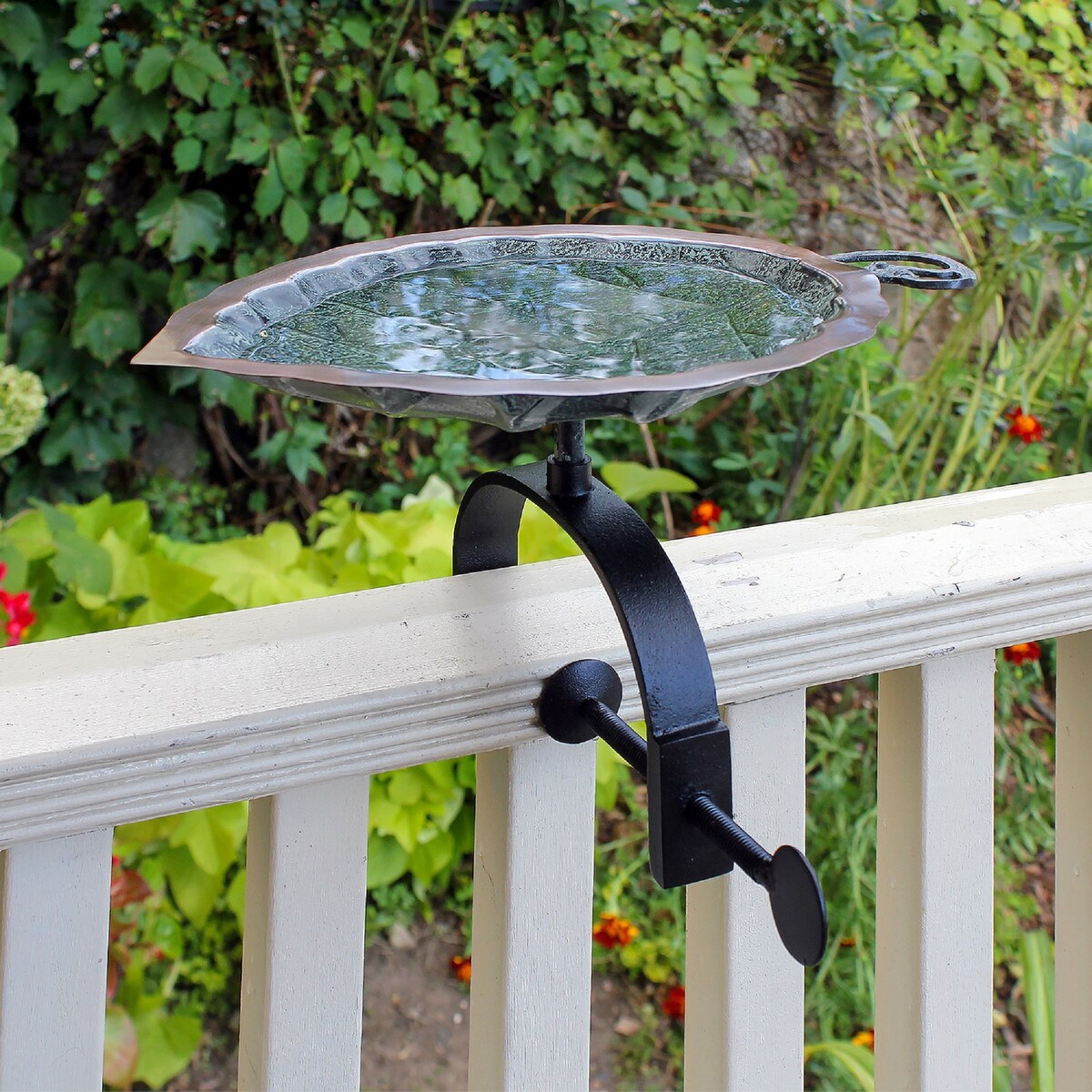 Achla Designs Aspen Leaf Birdbath w/ Over Rail Bracket, 17 Inch Tall, Antique Brass Plated
