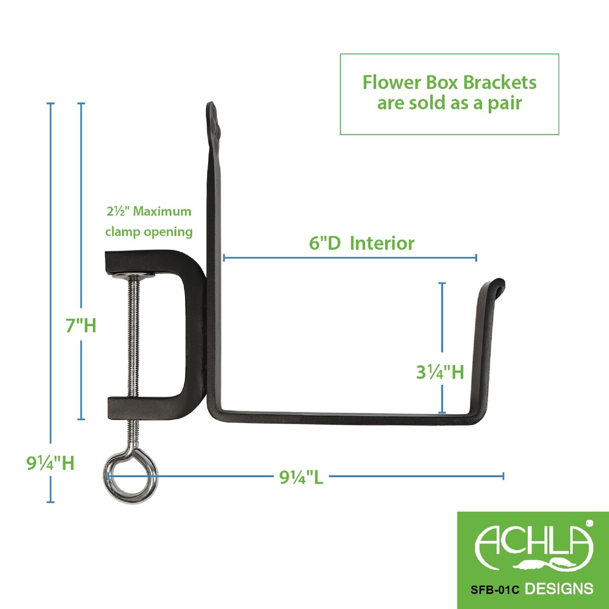 Achla Designs Pair of Clamp-On Flower Box Brackets, 6 Inch Wide, Black Powder Coat Finish