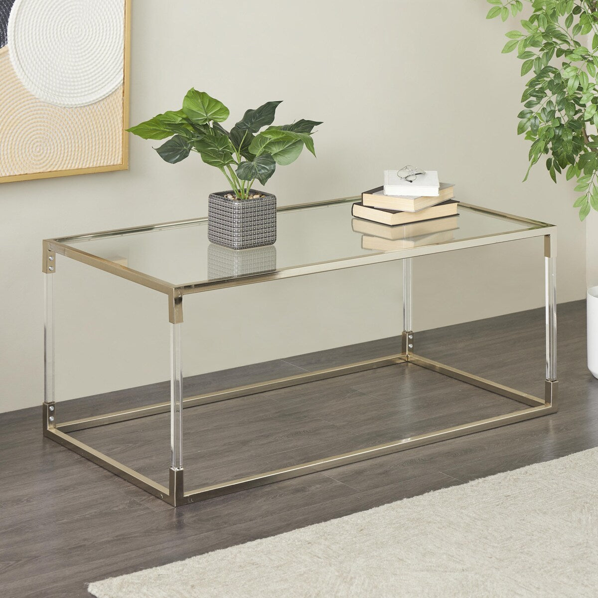 Acrylic Plastic or Metal with Glass Top and Acrylic Legs or Silver Frame Support Coffee Table- Gold or Clear - Roche River Decor