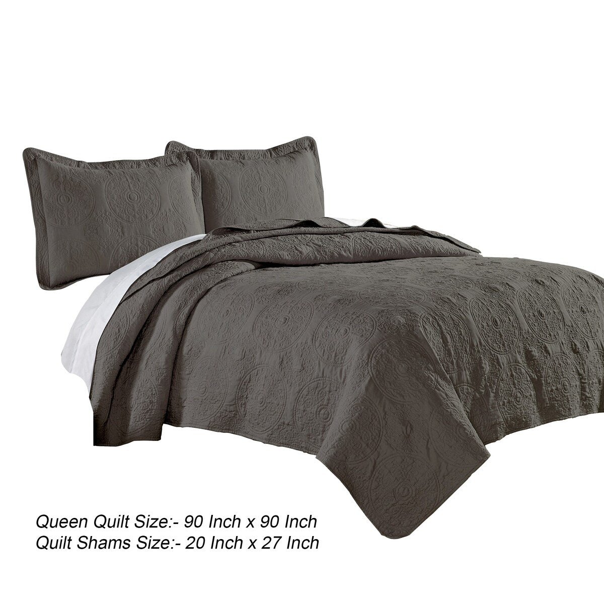 Ada 3 Piece Microfiber Full Size Quilt Set, Mandala Embroidery, Dark Gray