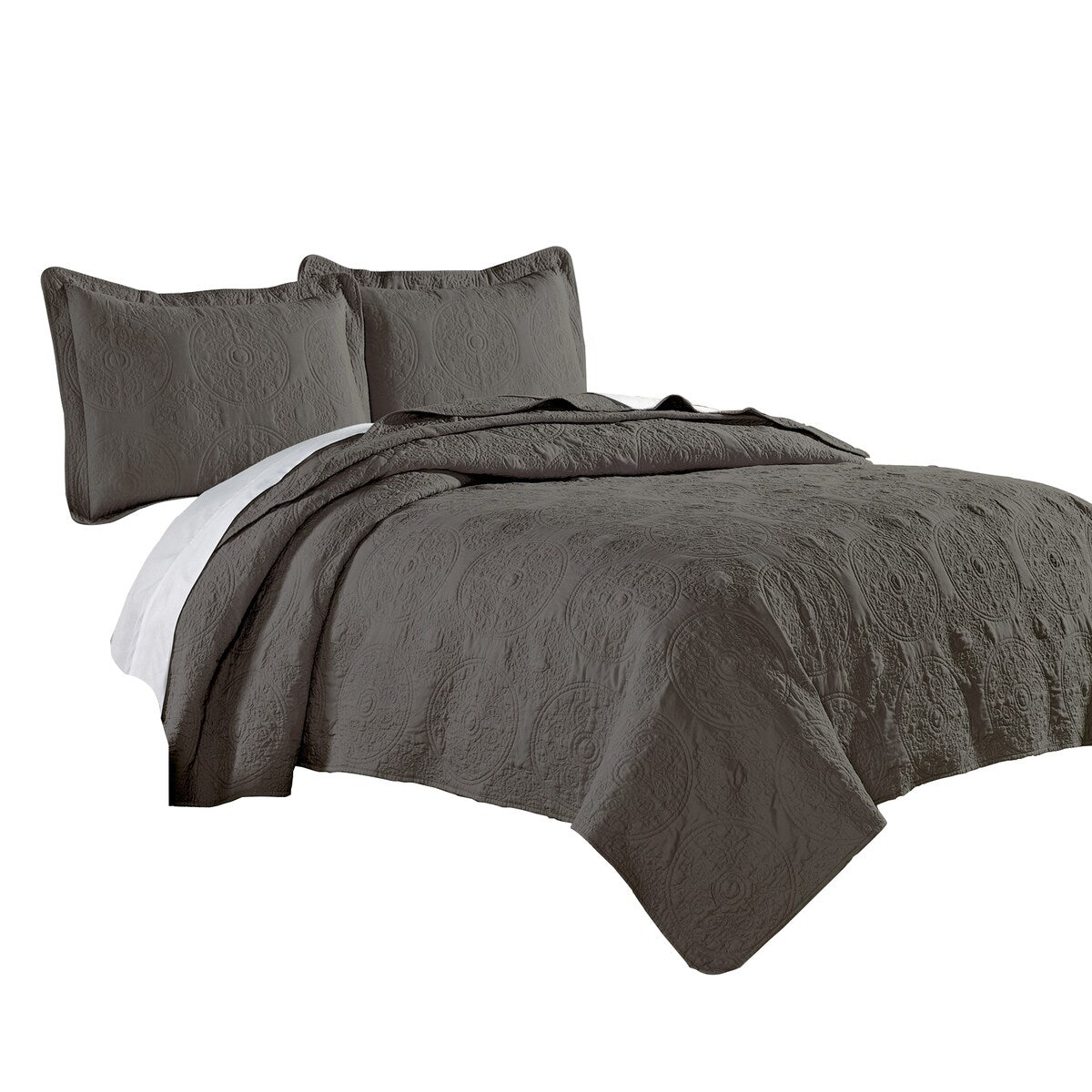 Ada 3 Piece Microfiber Full Size Quilt Set, Mandala Embroidery, Dark Gray