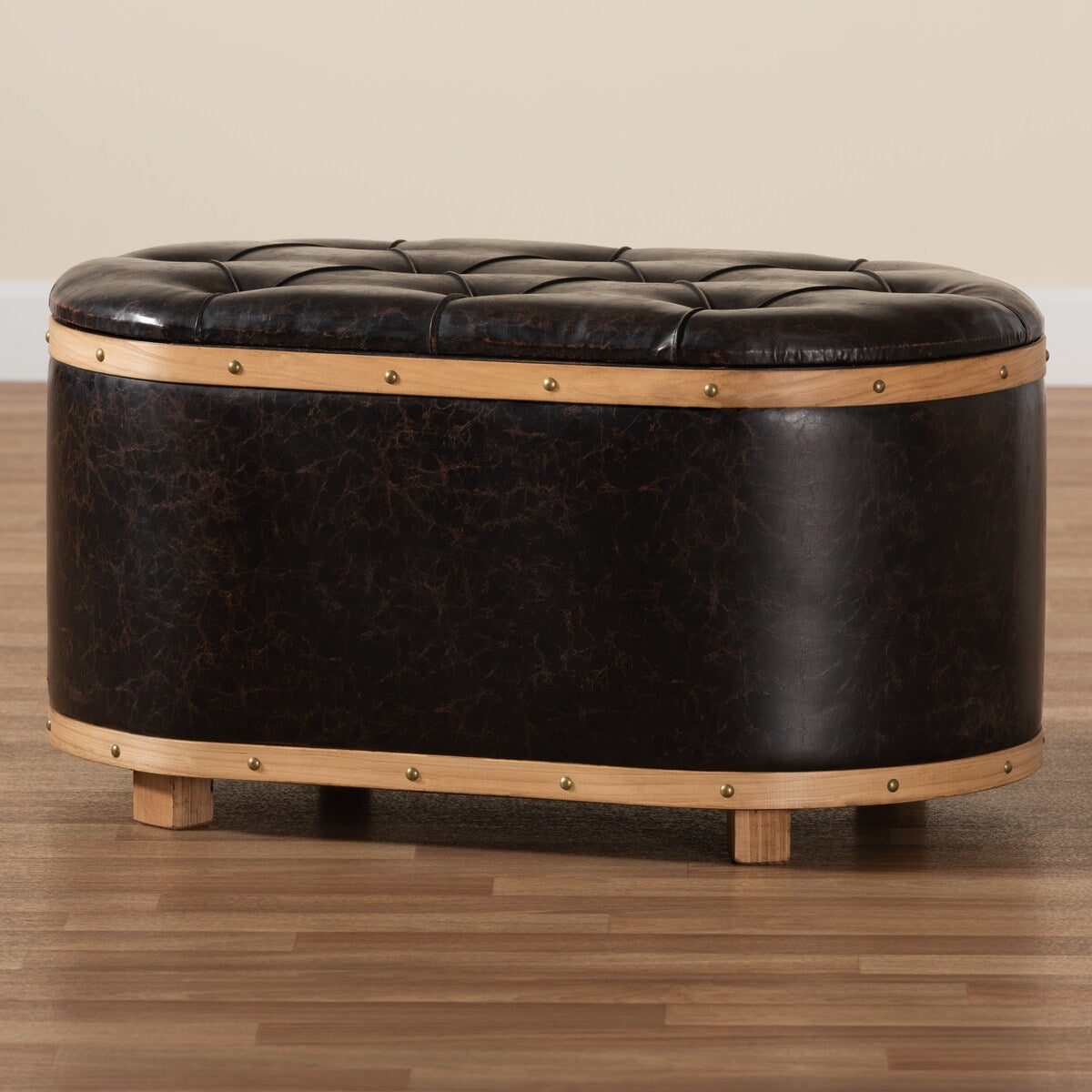Adana Modern Faux Leather and Wood Storage Ottoman