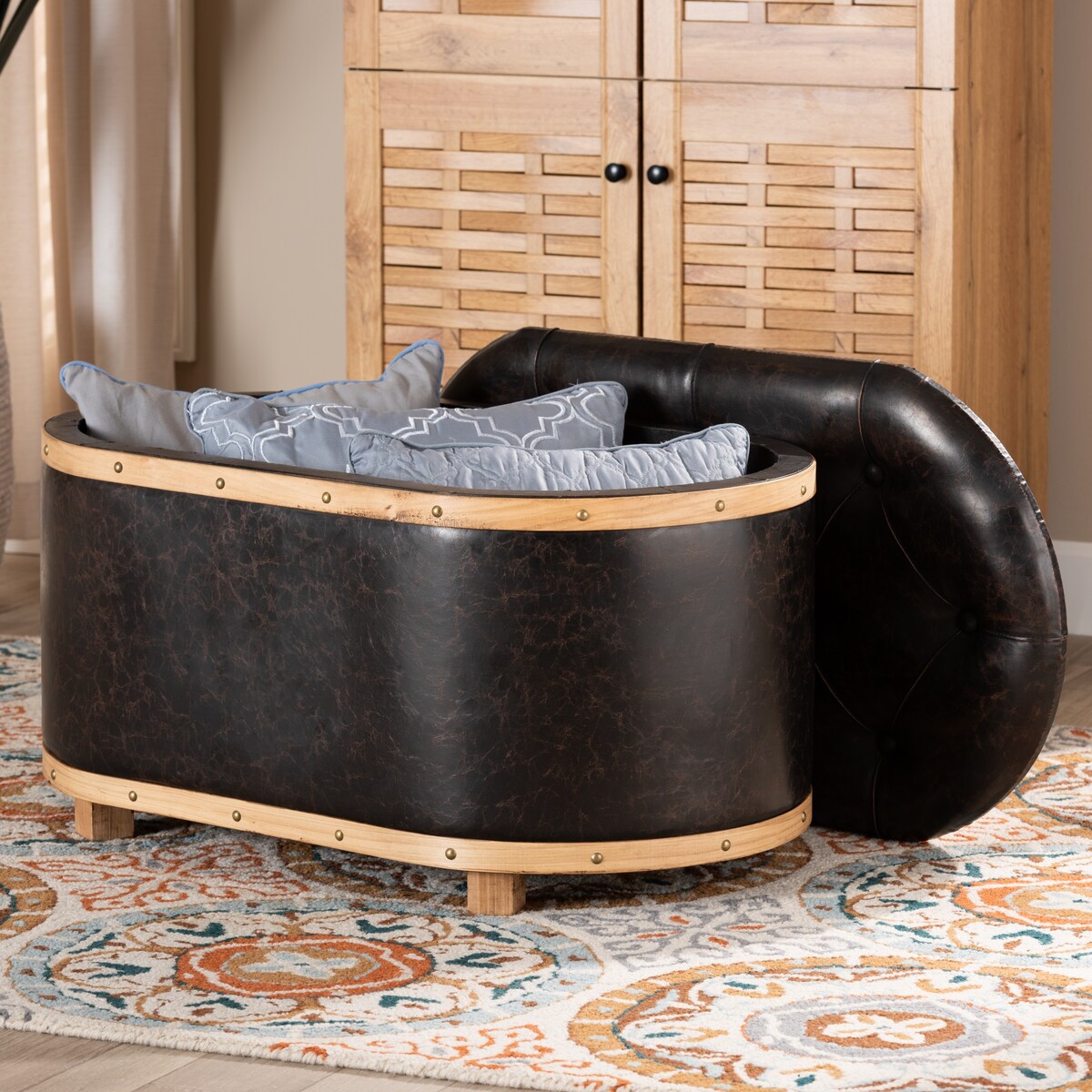 Adana Modern Faux Leather and Wood Storage Ottoman