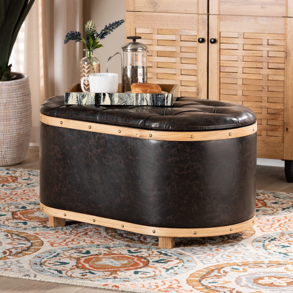 Adana Modern Faux Leather and Wood Storage Ottoman