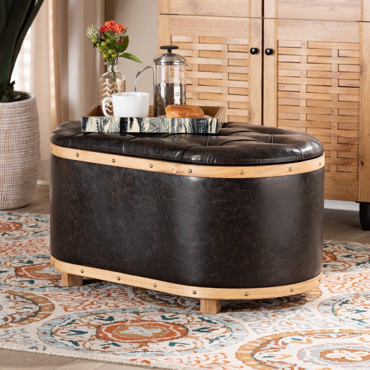 Adana Modern Faux Leather and Wood Storage Ottoman