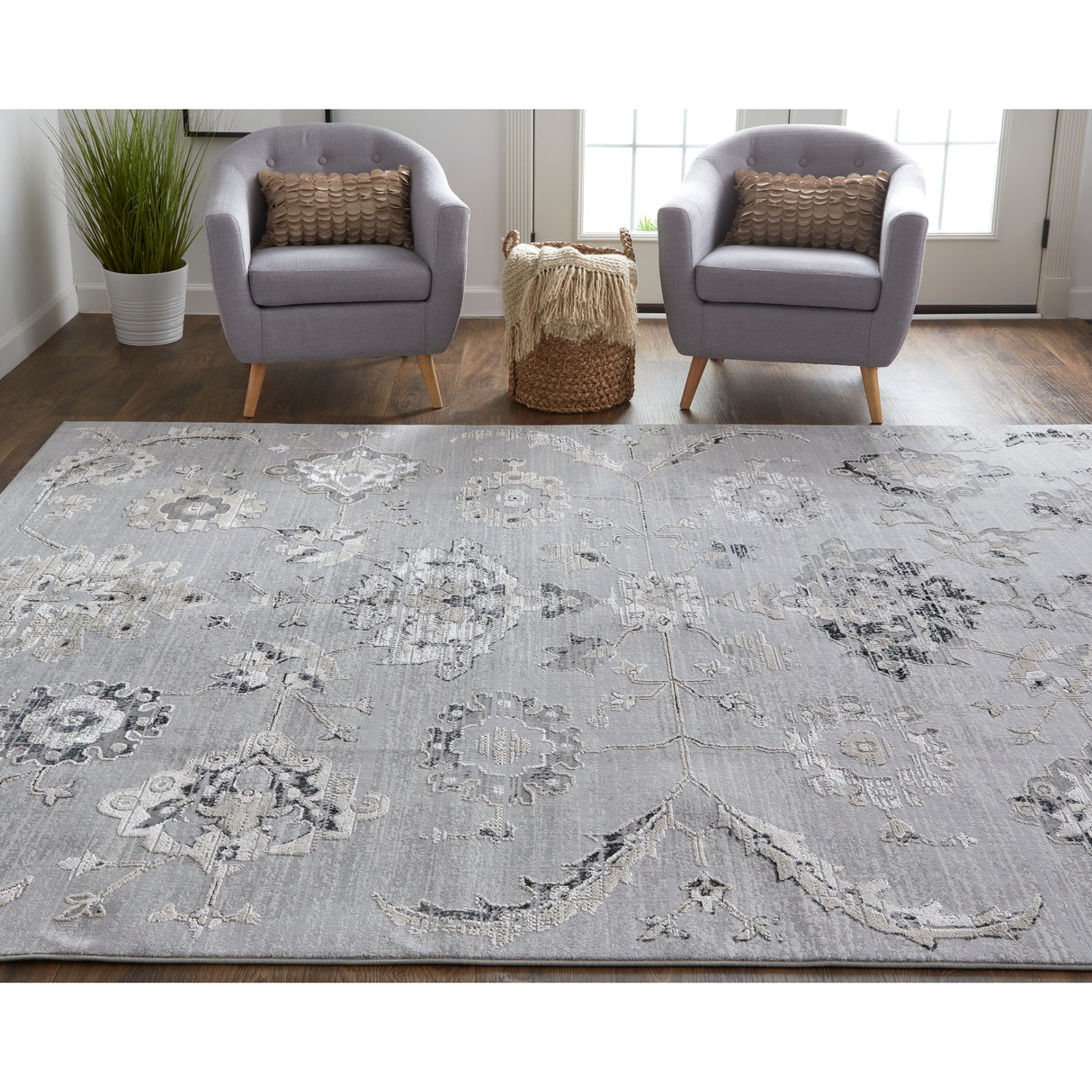 Adana Transitional Metallic Rug, Silver Gray/Ivory, Area Rug