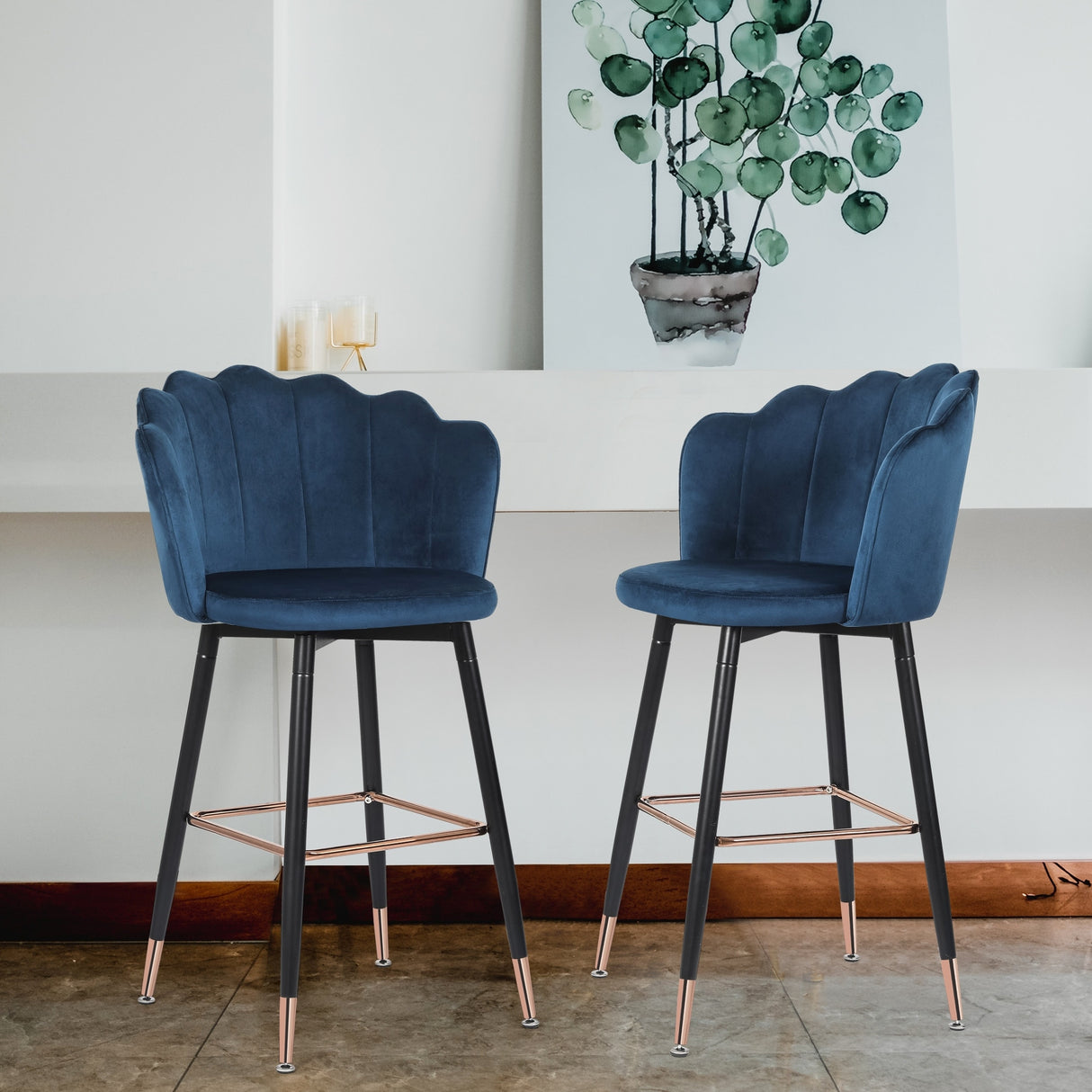 Adeco 42" Height Set of 2 Velvet Bar Stools