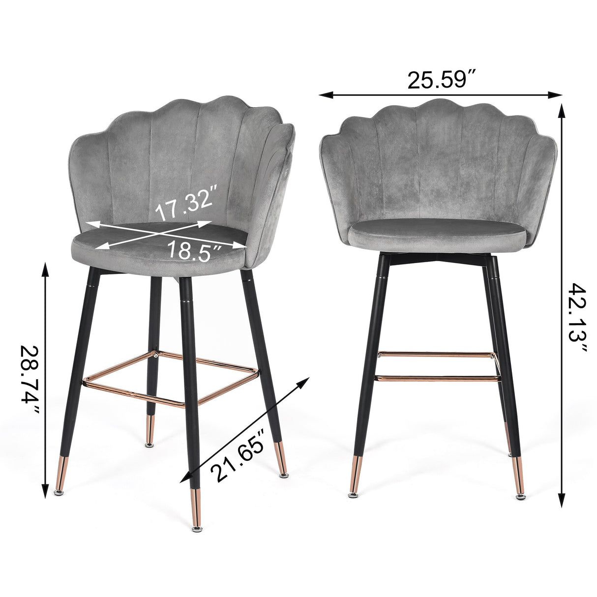 Adeco 42" Height Set of 2 Velvet Bar Stools