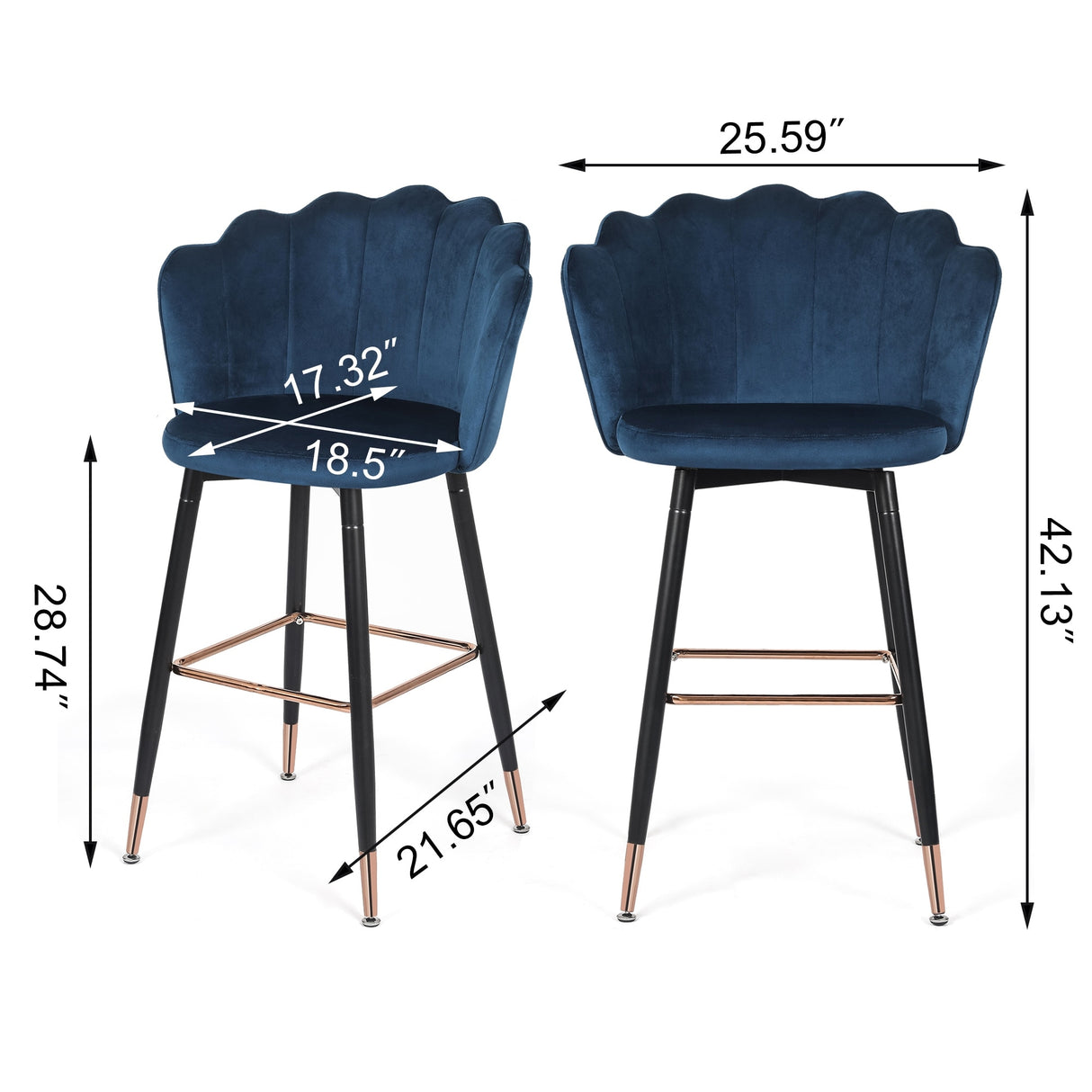 Adeco 42" Height Set of 2 Velvet Bar Stools