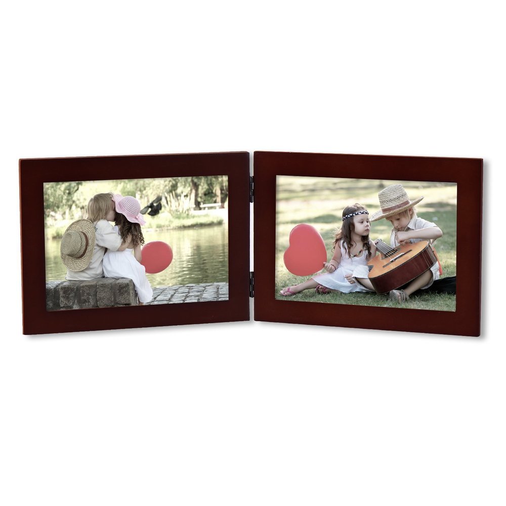 Adeco Decorative Walnut Color Wood Hinged Table Top Horizontal Picture Photo Frame with 2 Openings