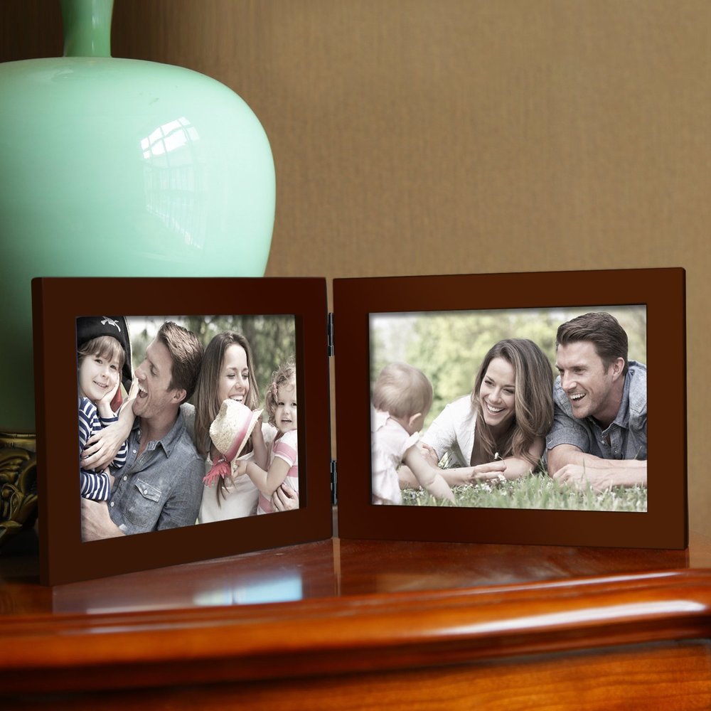 Adeco Decorative Walnut Color Wood Hinged Table Top Horizontal Picture Photo Frame with 2 Openings
