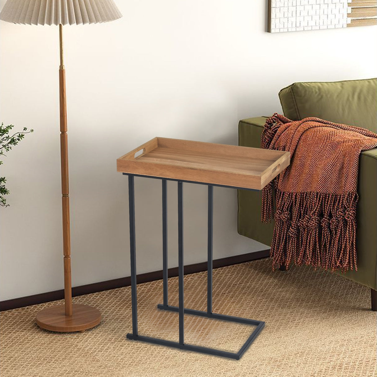 Adeco Side Table Metal Frame End Table with Wood Tray