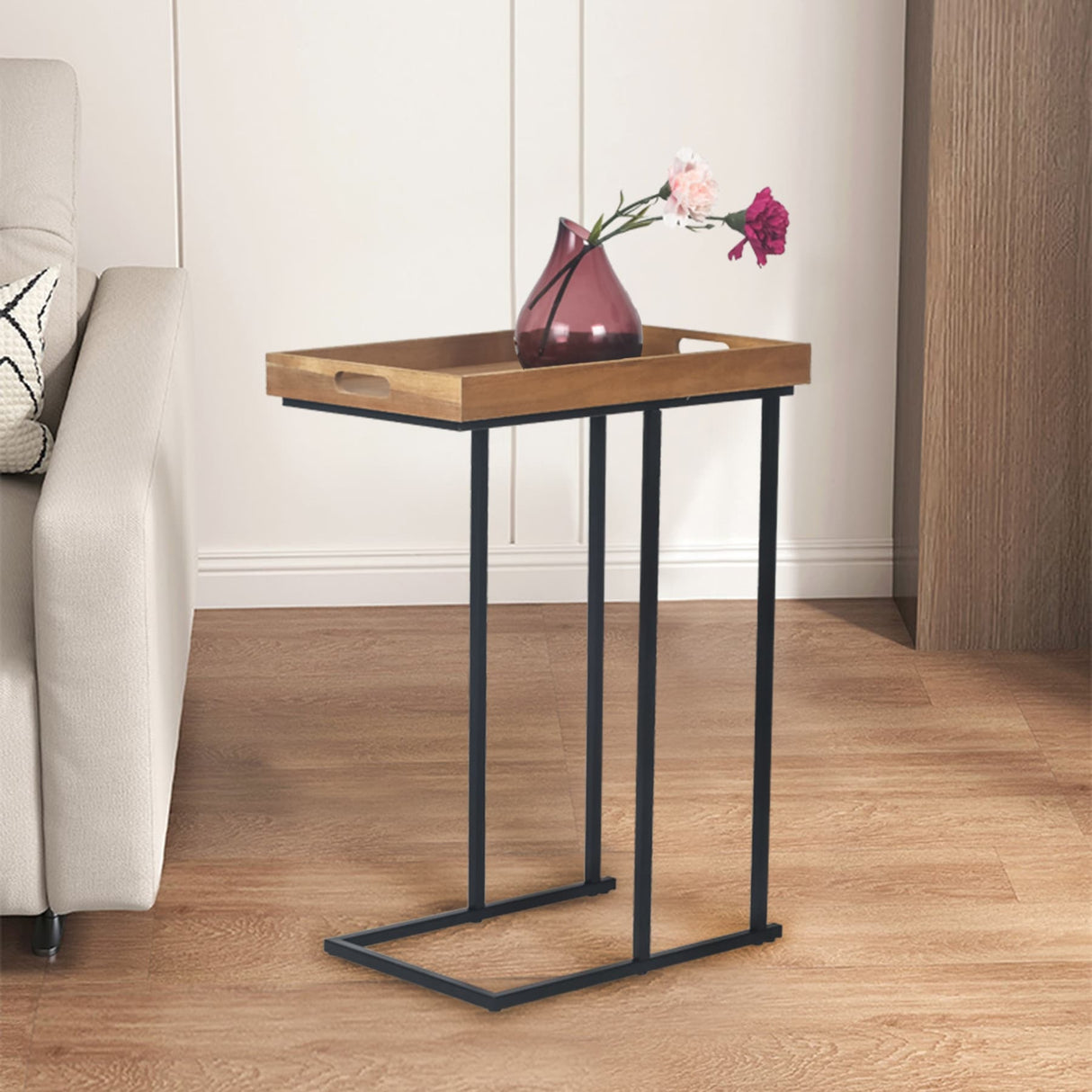Adeco Side Table Metal Frame End Table with Wood Tray