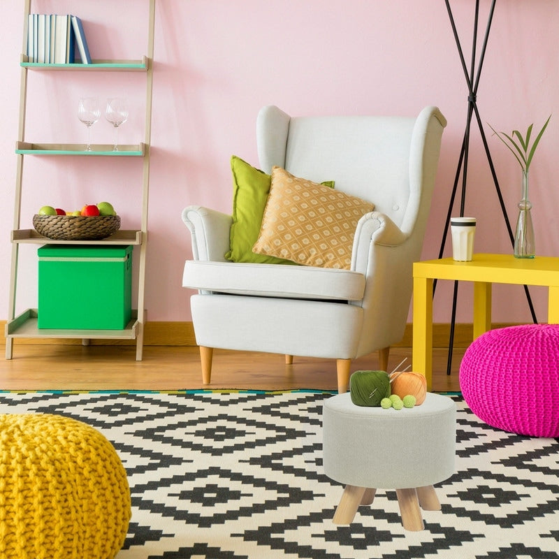 Adeco Modern Round Ottoman Home Footrest Stool/ Linen Fabric Seat Pouf