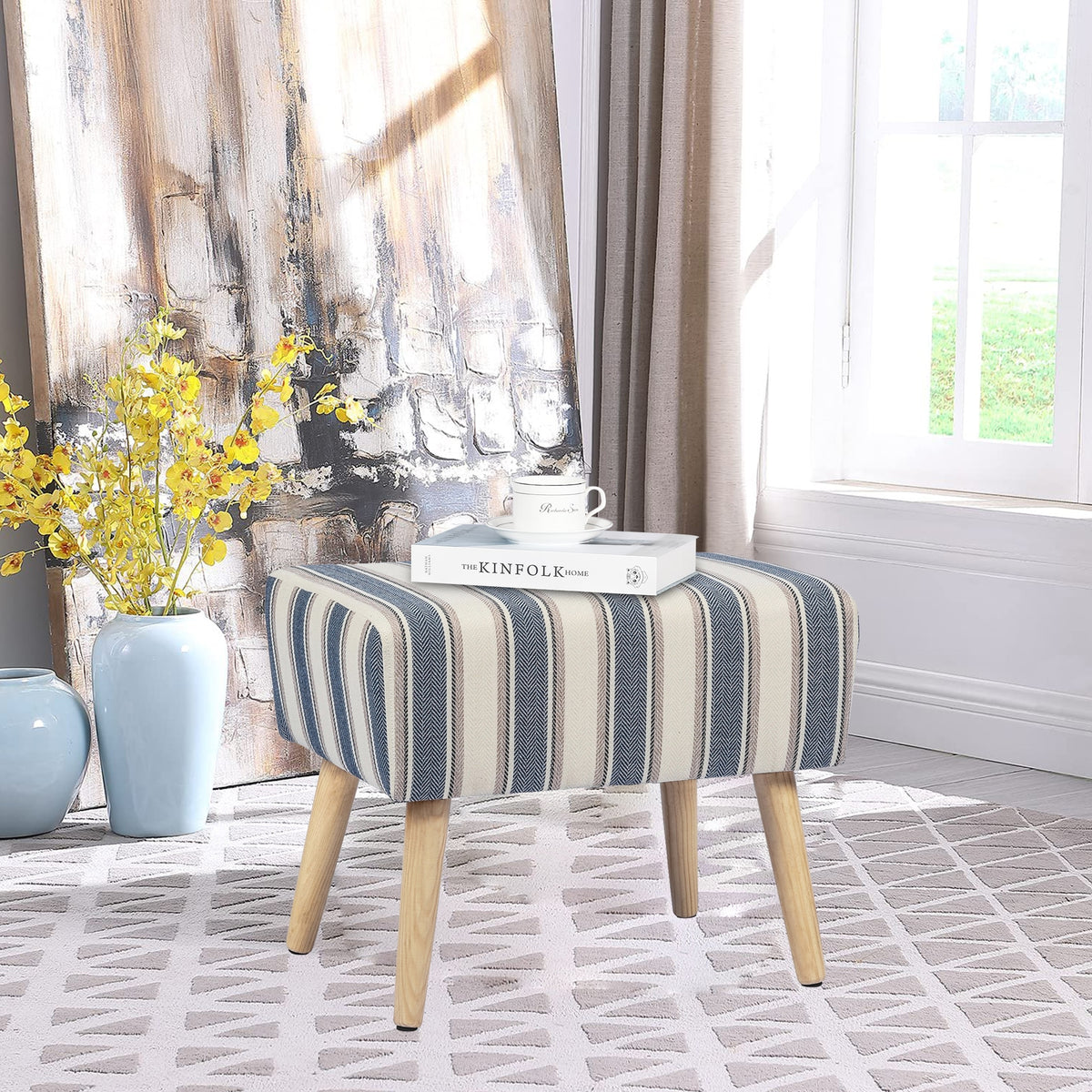 Adeco Ottoman Foot Rest Stool with Wood Legs