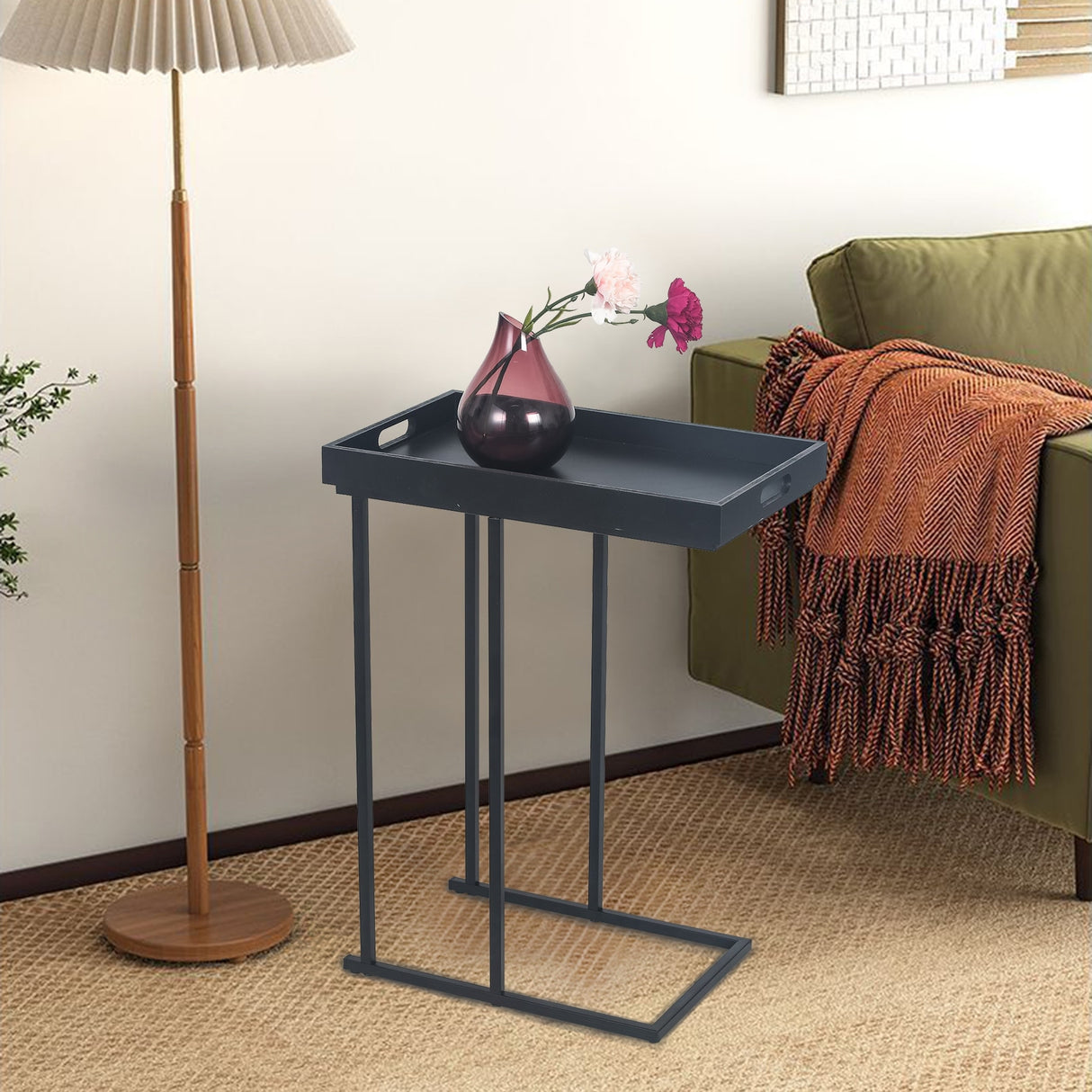 Adeco Side Table Metal Frame End Table with Wood Tray