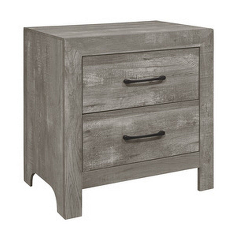 24 Inch Classic 2 Drawer Nightstand, Metal Handles, Rustic Gray Finish