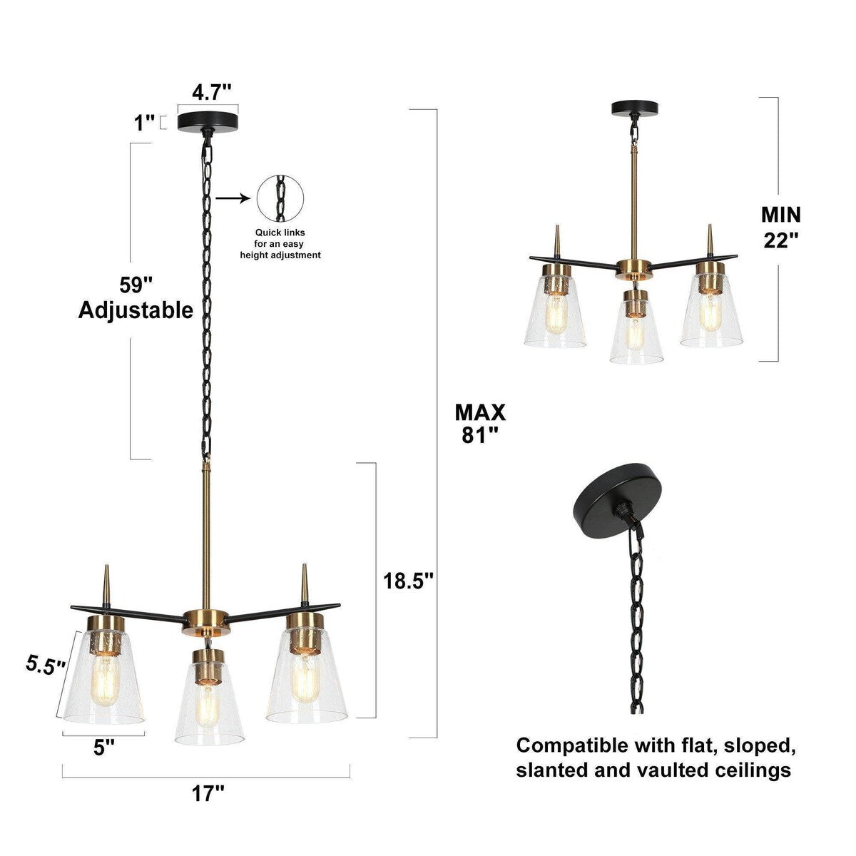 Aditi Mid-century Modern Round Black Gold Bedroom Chandelier for Dining Room with Seeded Glass - Plating Brass - D 17"* H 18.5"
