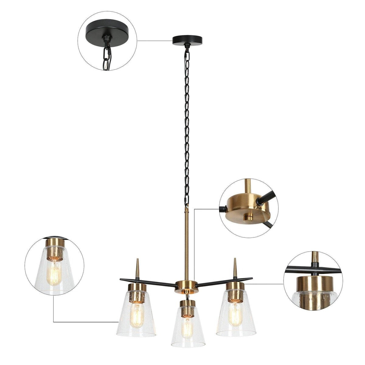 Aditi Mid-century Modern Round Black Gold Bedroom Chandelier for Dining Room with Seeded Glass - Plating Brass - D 17"* H 18.5"