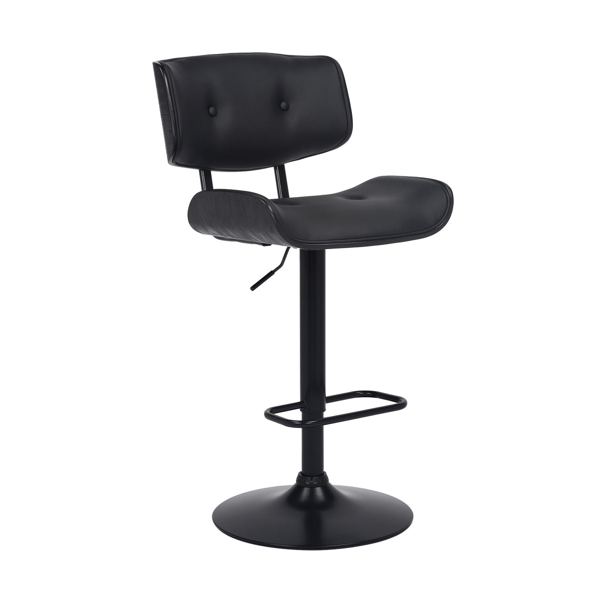 Adjustable Black Tufted Faux Leather and Black Wood Swivel Barstool. - 46" x 20" x 22"