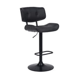 Adjustable Black Tufted Faux Leather and Black Wood Swivel Barstool. - 46" x 20" x 22"