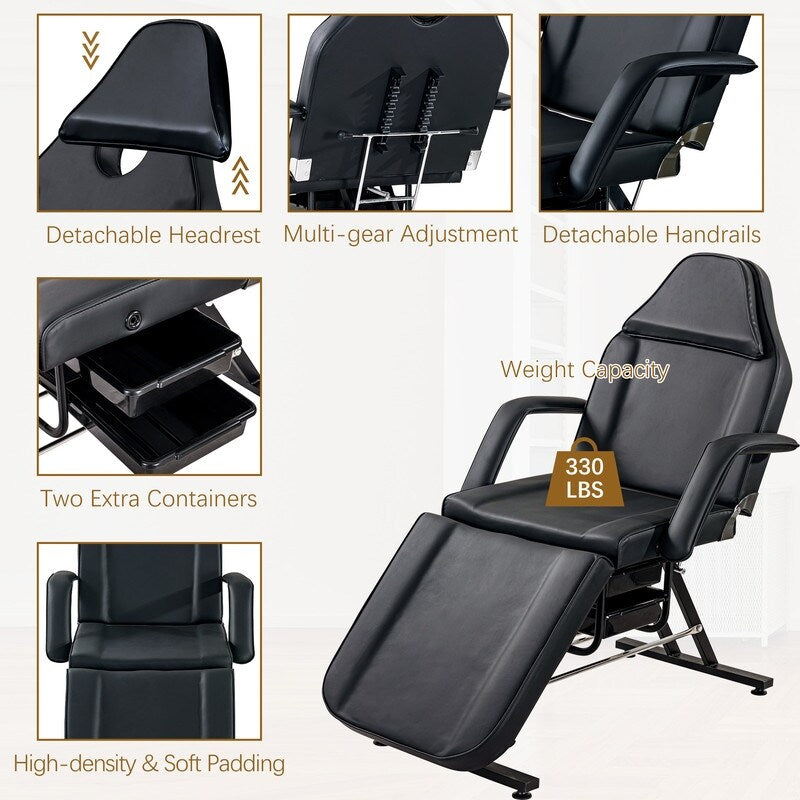 Adjustable Facial Bed Massage Salon Tattoo Chair with Two Trays