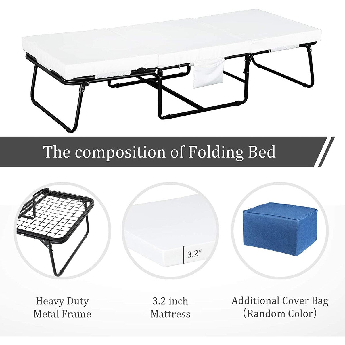 Adjustable Folding Bed Ottoman, Rollaway Guest Bed with Head Incline ,Removable Mattress & Side Pocket Heavy Duty Metal Frame