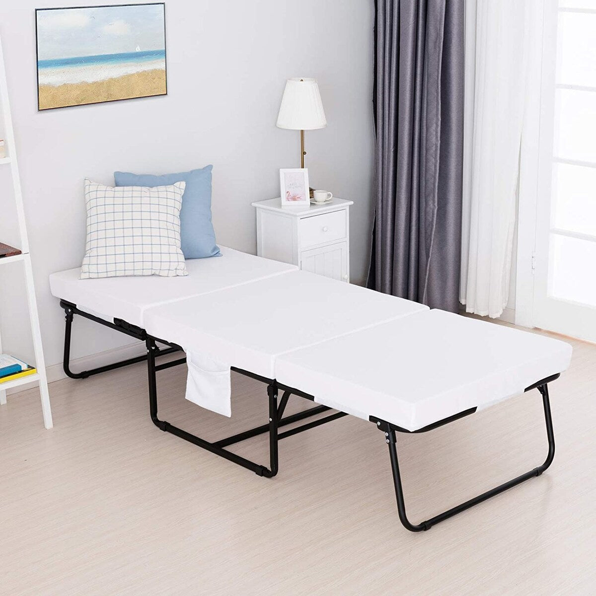 Adjustable Folding Bed Ottoman, Rollaway Guest Bed with Head Incline ,Removable Mattress & Side Pocket Heavy Duty Metal Frame