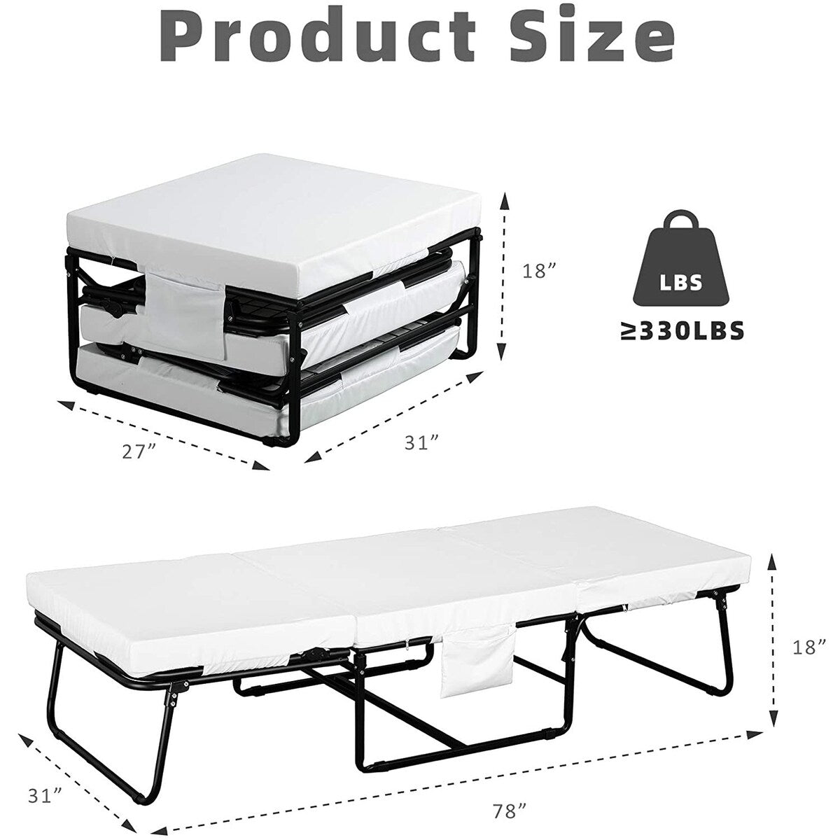 Adjustable Folding Bed Ottoman, Rollaway Guest Bed with Head Incline ,Removable Mattress & Side Pocket Heavy Duty Metal Frame