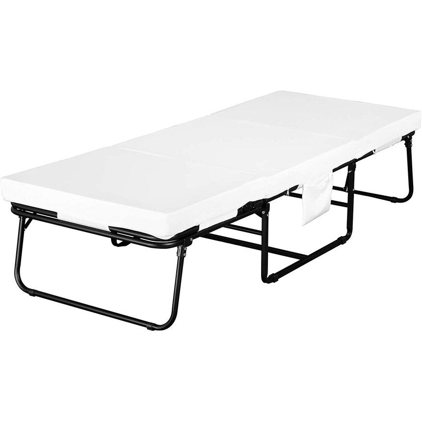 Adjustable Folding Bed Ottoman, Rollaway Guest Bed with Head Incline ,Removable Mattress & Side Pocket Heavy Duty Metal Frame