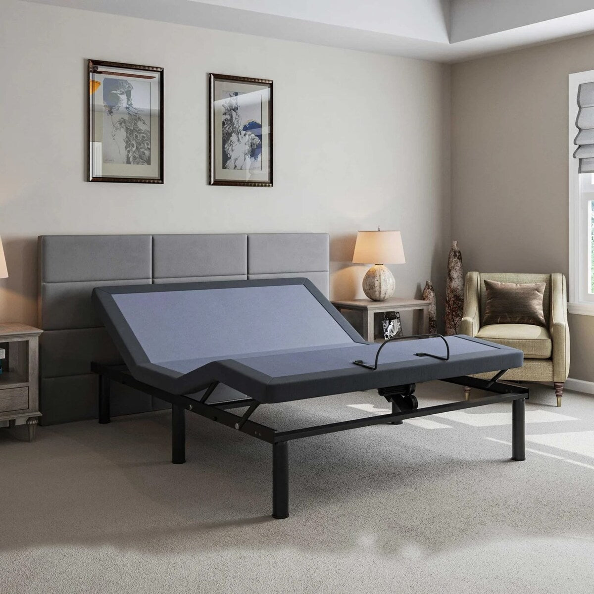 Adjustable Height Bed Frame with Remote Control, Queen Size Blue, Grey