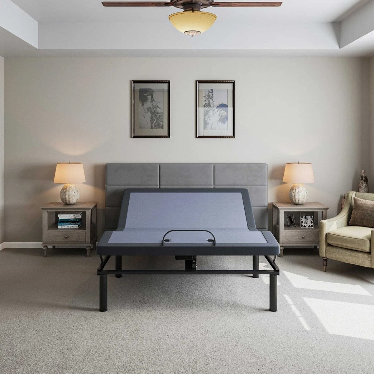 Adjustable Height Bed Frame with Remote Control, Queen Size Blue, Grey