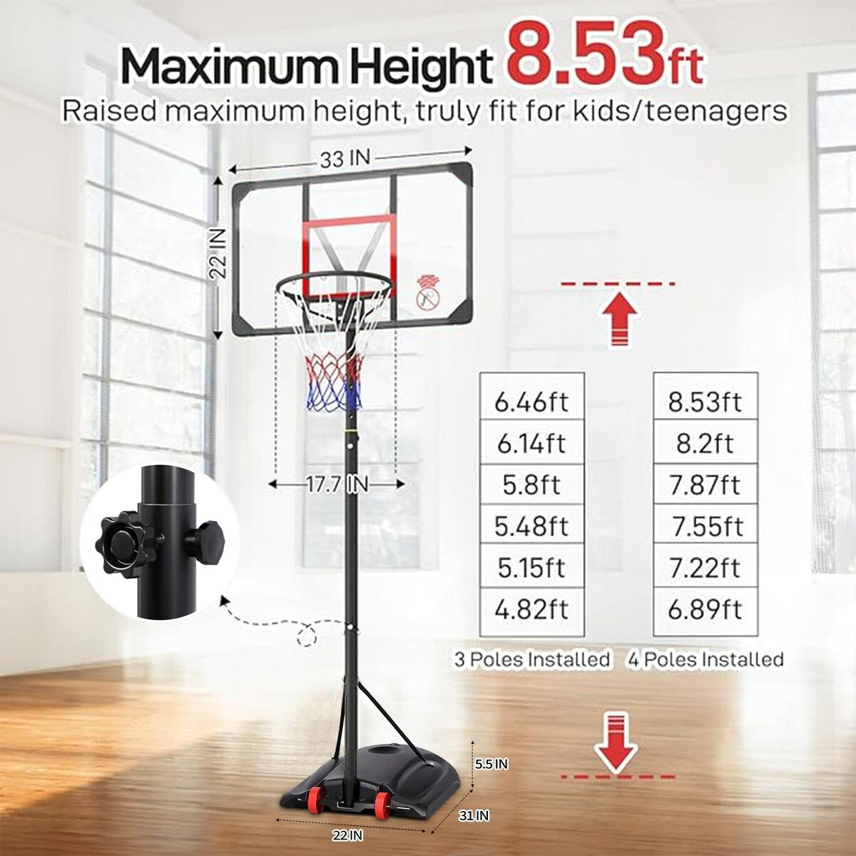 Adjustable Height Portable Impact Backboard Outdoor Basketball Hoop
