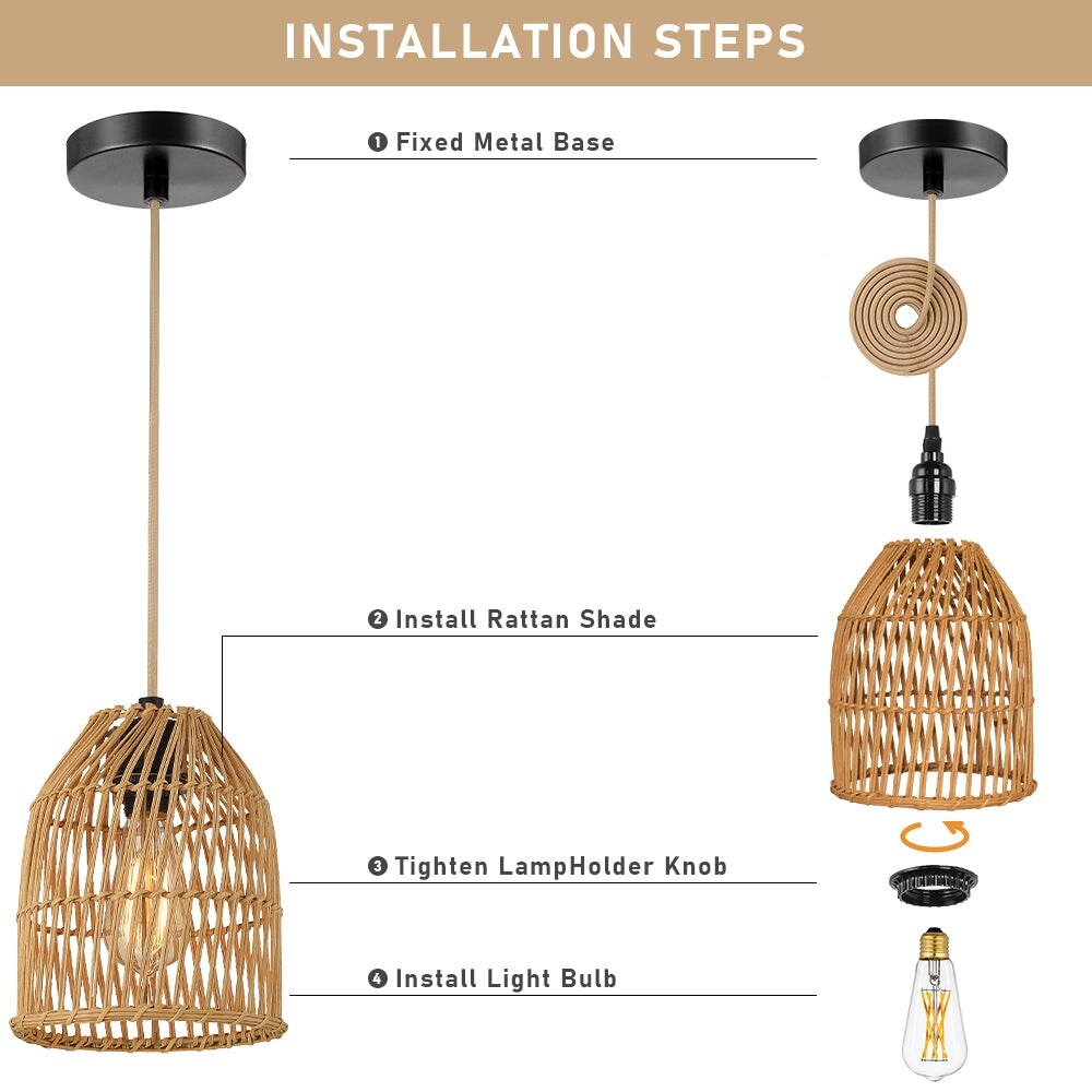 Pendant Light Adjustable Height Brown Rattan Textile Power Cord - 7'' x 7'' x 8.5'' (L x W x H)