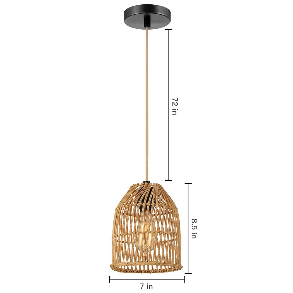 Pendant Light Adjustable Height Brown Rattan Textile Power Cord - 7'' x 7'' x 8.5'' (L x W x H)