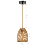 Pendant Light Adjustable Height Brown Rattan Textile Power Cord - 7'' x 7'' x 8.5'' (L x W x H)