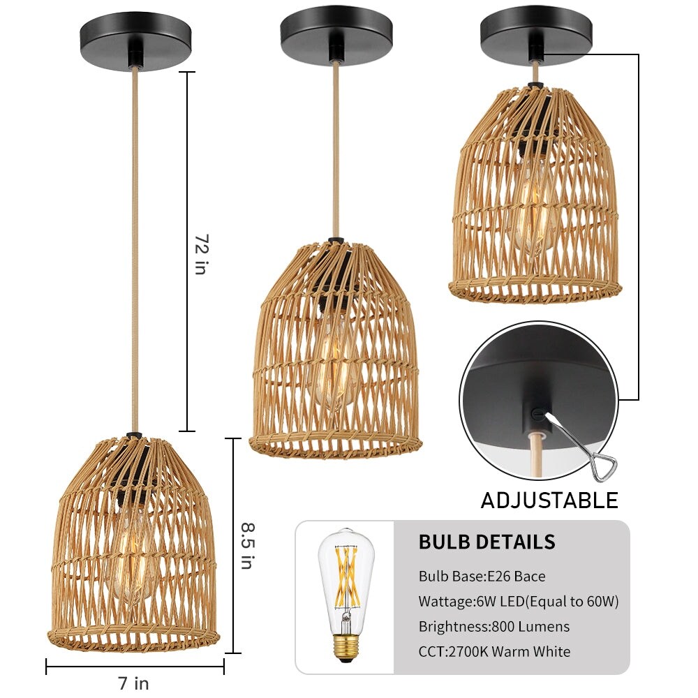 Pendant Light Adjustable Height Brown Rattan Textile Power Cord - 7'' x 7'' x 8.5'' (L x W x H)