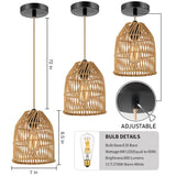 Pendant Light Adjustable Height Brown Rattan Textile Power Cord - 7'' x 7'' x 8.5'' (L x W x H)