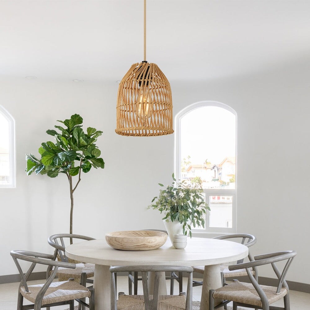 Pendant Light Adjustable Height Brown Rattan Textile Power Cord - 7'' x 7'' x 8.5'' (L x W x H)