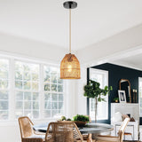 Pendant Light Adjustable Height Brown Rattan Textile Power Cord - 7'' x 7'' x 8.5'' (L x W x H)