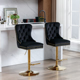 Adjustable Modern Tufted Back Golden Swivel Velvet Barstools, Set of 2 - N/A