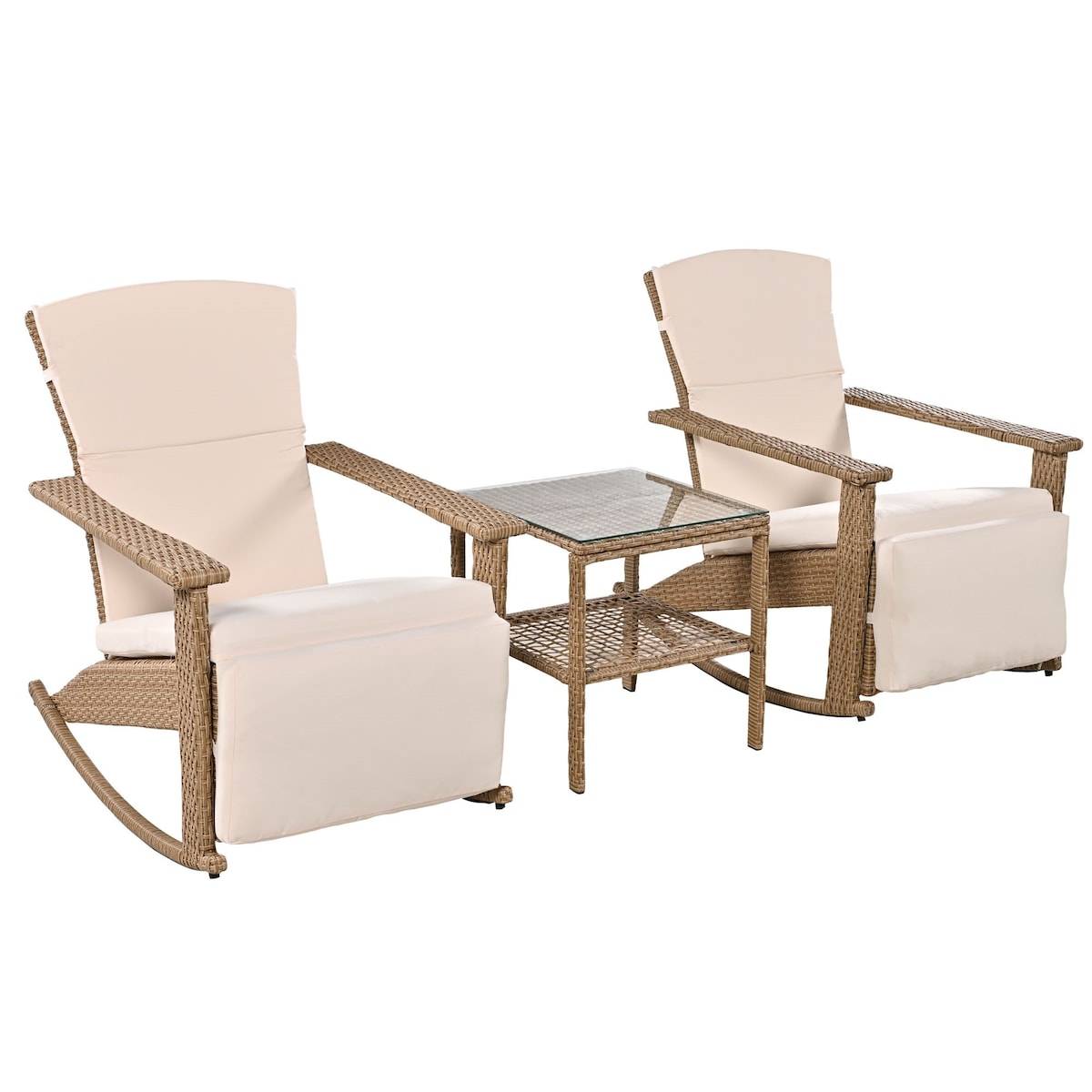 Adjustable Outdoor Wicker Double Rocking Chair with Coffee Table