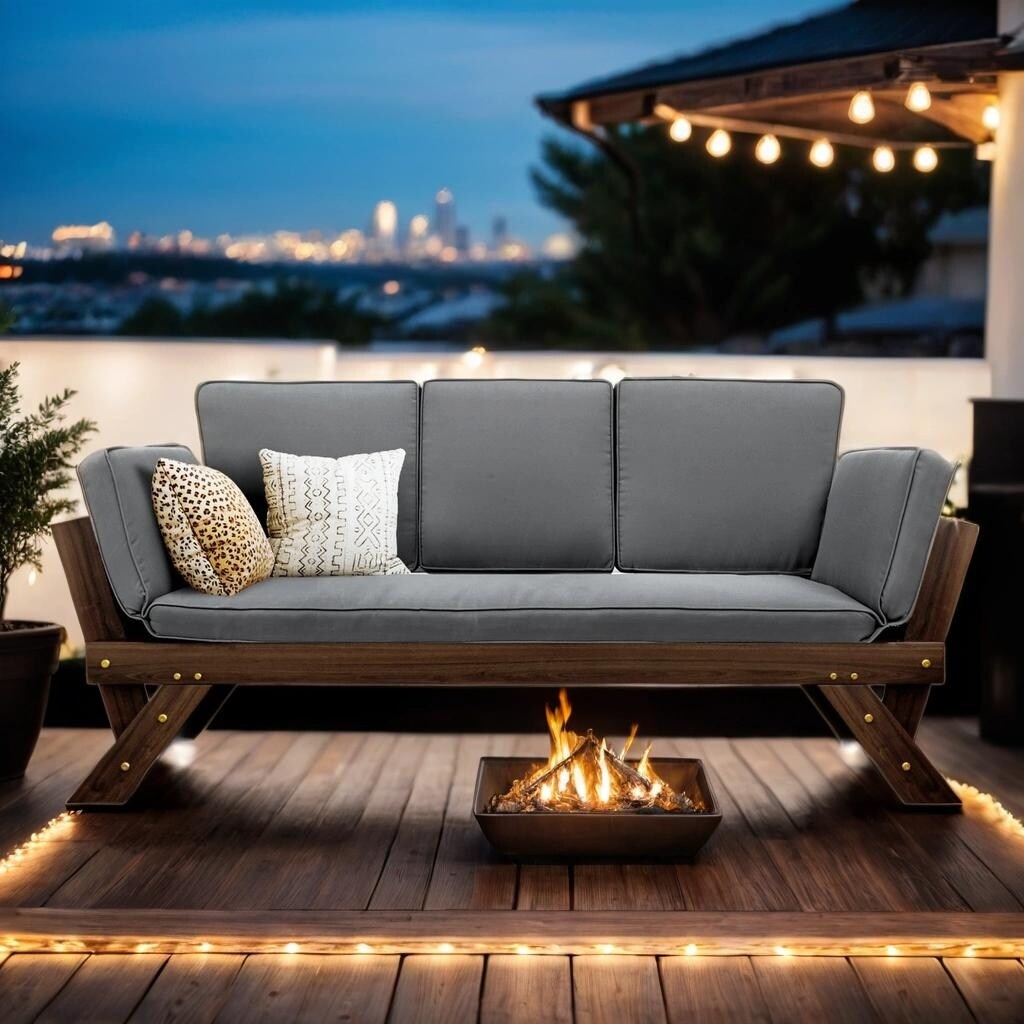 Adjustable Patio Wooden Daybed Sofa Chaise Lounge with Cushions, Beige