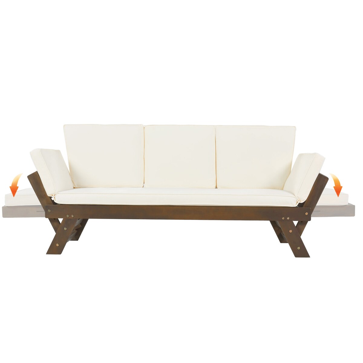 Adjustable Patio Wooden Daybed Sofa Chaise Lounge with Cushions, Beige