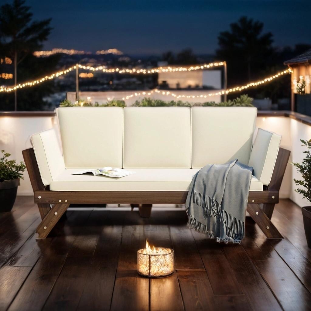 Adjustable Patio Wooden Daybed Sofa Chaise Lounge with Cushions, Beige