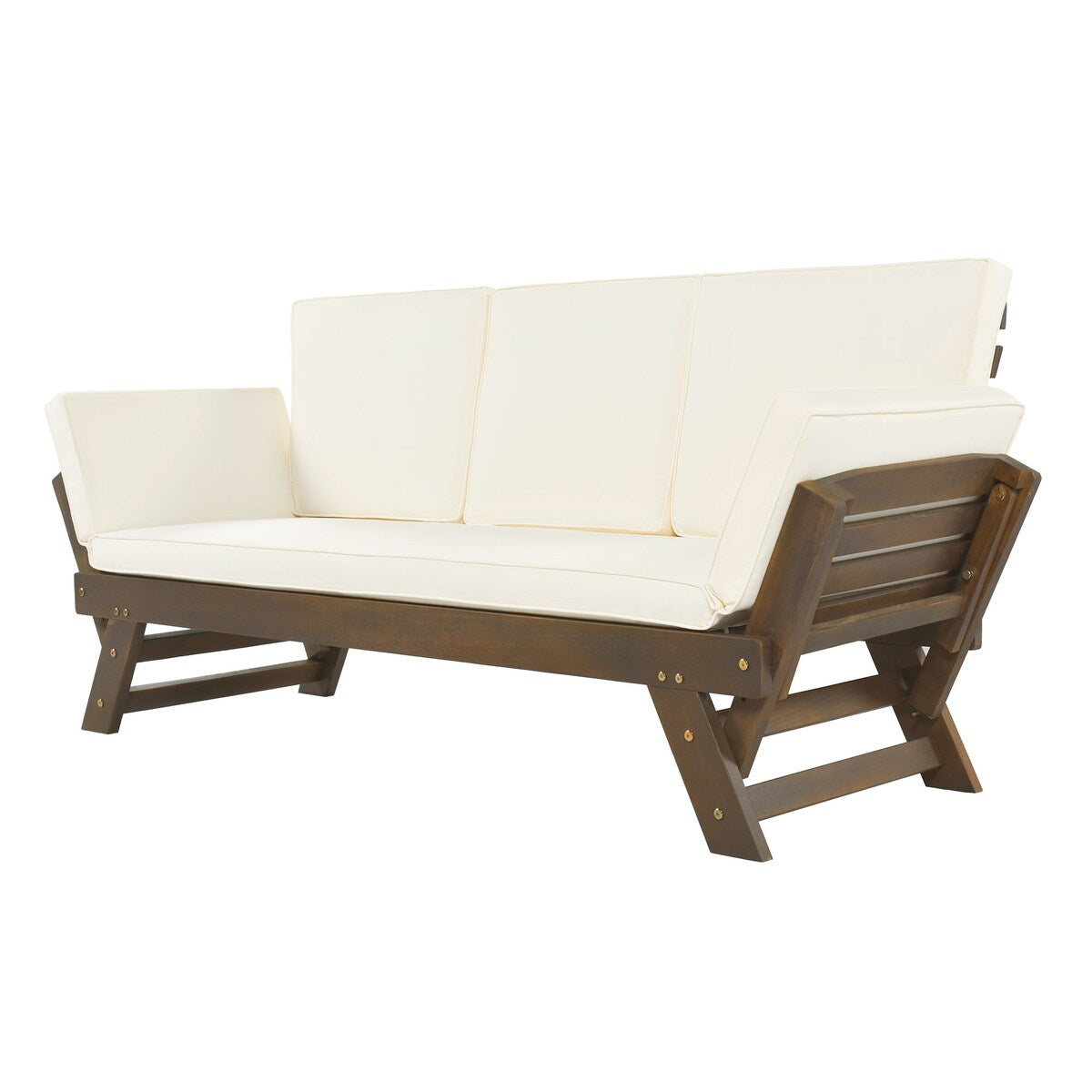 Adjustable Patio Wooden Daybed Sofa Chaise Lounge with Cushions, Beige