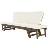Adjustable Patio Wooden Daybed Sofa Chaise Lounge with Cushions, Beige