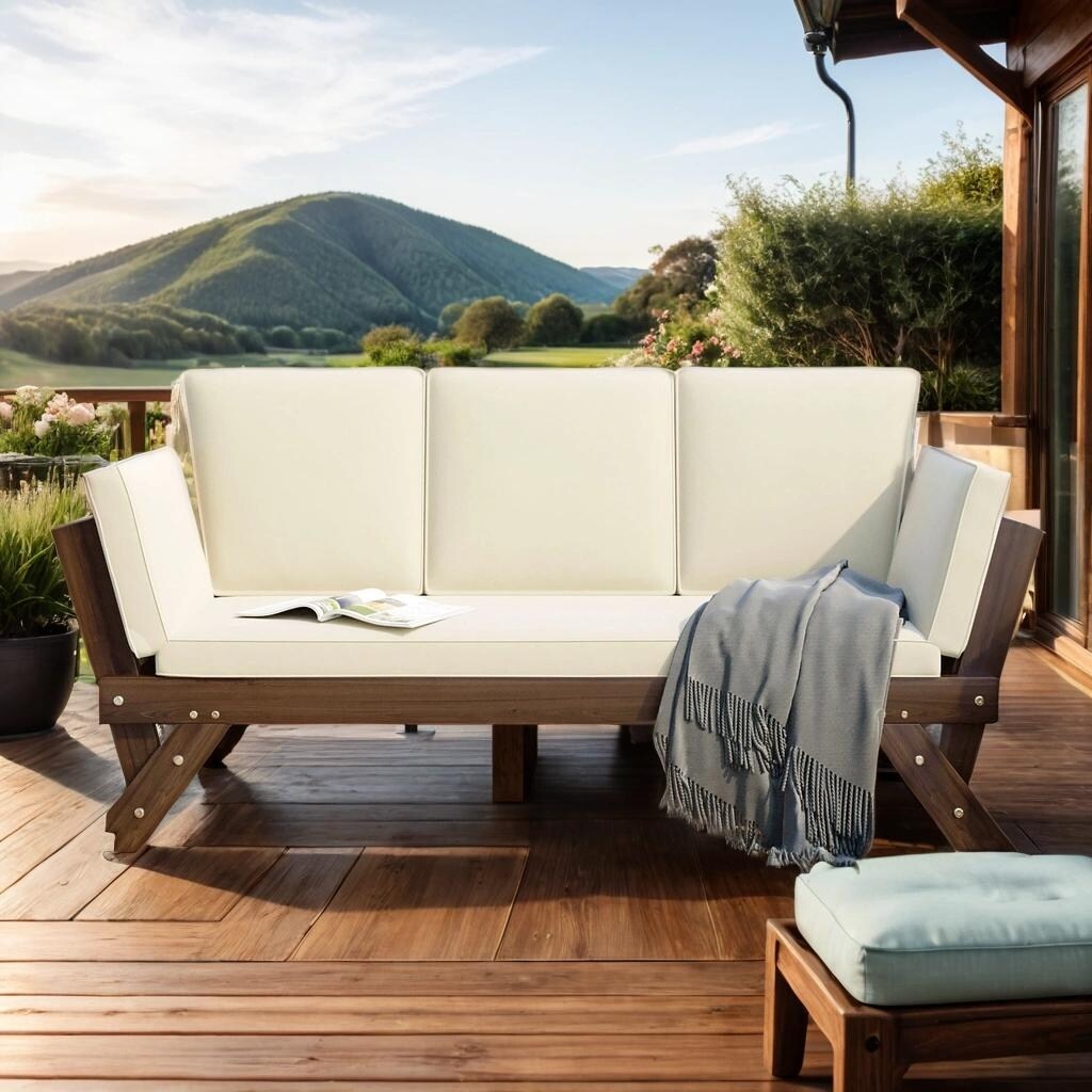 Adjustable Patio Wooden Daybed Sofa Chaise Lounge with Cushions, Beige